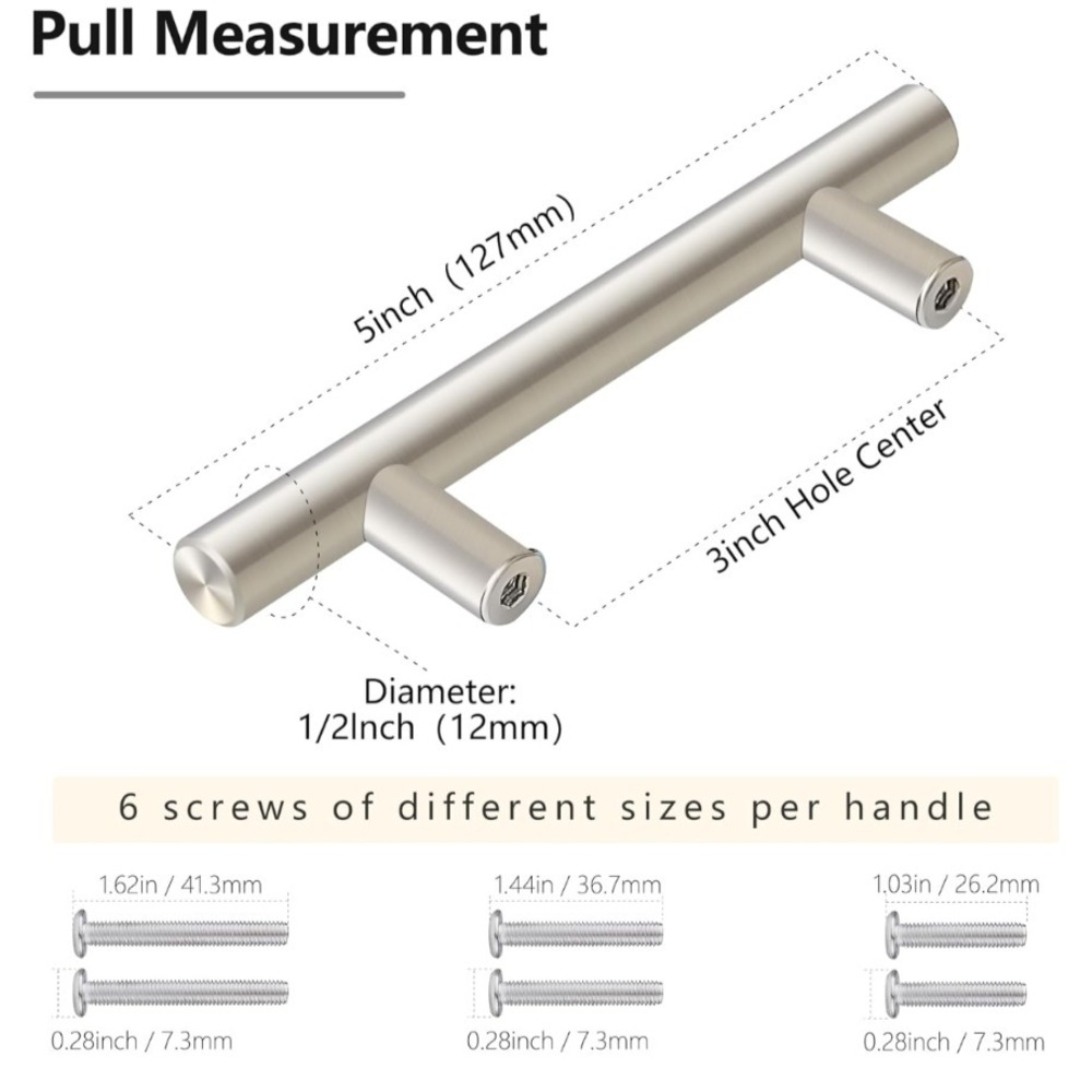 30 Pack 5" Brushed Nickel Drawer Cabinet Pulls 3" hole centers multisize screws - Picture 3 of 7